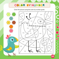 Activity Page for Kids Activity Book. Printable Sheet with Coloring Activities – solve arithmetic problems, color grid using letter key to make bird. Vector illustration. Puzzle with answer. Square 