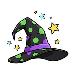 A vibrant cartoon witch's hat, black with bright green polka dots and a purple band, surrounded by colorful sparkling stars.