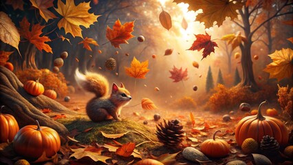 Autumnal Squirrel Amidst Falling Leaves