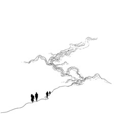 Obraz premium Silhouette people walking path mountain landscape drawing sketch artwork illustration nature outdoor adventure journey