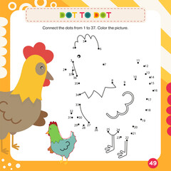 Activity Page for Kids Activity Book. Printable Sheet with dot to dot game – connect dots to make chicken. Vector illustration. Puzzle with answer. Square format