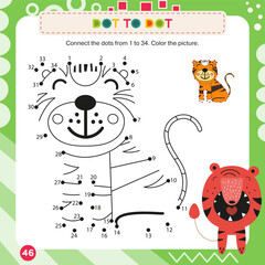Activity Page for Kids Activity Book. Printable Sheet with dot to dot game – connect dots to make tiger. Vector illustration. Puzzle with answer. Square format