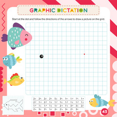 Activity Page for Kids Activity Book. Printable Sheet with Graphic dictation – draw picture using number key to make fish. Vector illustration. Puzzle with answer. Square format