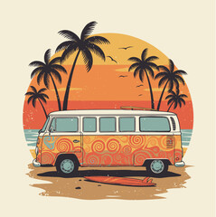Vintage orange camper van on beach with palm trees and sunset retro