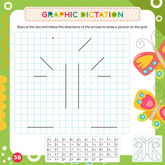 Activity Page for Kids Activity Book. Printable Sheet with Graphic dictation – draw picture using number key to make butterfly. Vector illustration. Puzzle with answer. Square format