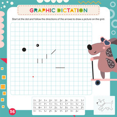 Activity Page for Kids Activity Book. Printable Sheet with Graphic dictation – draw picture using number key to make dog. Vector illustration. Puzzle with answer. Square format
