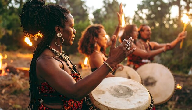 Diverse women drumming and dancing around a fire