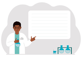 Male scientist with flasks. Experimental scientist, laboratory assistant, biochemistry, chemical, scientific research.