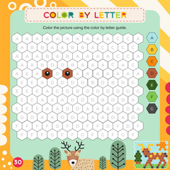 Activity Page for Kids Activity Book. Printable Sheet with Coloring Activities – color grid using letter key to make deer. Vector illustration. Puzzle with answer. Square format
