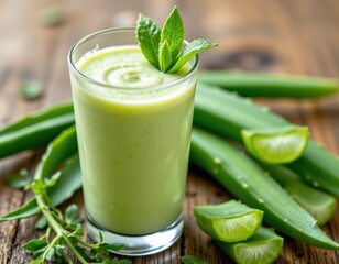 aloe vera smoothie in tall clear glass, pale green creamy texture, surrounded by fresh aloe leaves, natural diabetes remedy drink representation, healthy natural herbal concept.