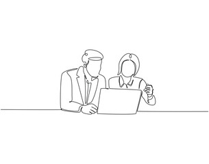Continuous line drawing of office worker doing discussion. Single line illustration of two coworker discussion. Business concept. Editable outline