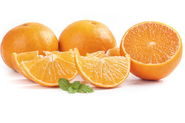 Fresh Orange Slices and Whole Oranges with Mint on White Background