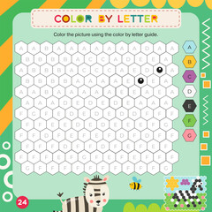 Activity Page for Kids Activity Book. Printable Sheet with Coloring Activities – color grid using letter key to make zebra. Vector illustration. Puzzle with answer. Square format