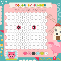 Activity Page for Kids Activity Book. Printable Sheet with Coloring Activities – color grid using number key to make pig. Vector illustration. Puzzle with answer. Square format