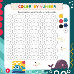 Activity Page for Kids Activity Book. Printable Sheet with Coloring Activities – color grid using number key to make whale. Vector illustration. Puzzle with answer.  Square format