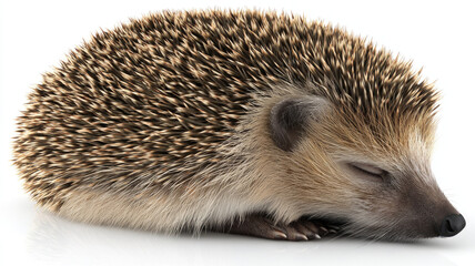 Obraz premium Hedgehog curled up visible spines brown fur small animal sleeping peaceful isolated white background cute wild mammal closeup