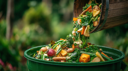 Organic food scraps being poured into green compost bin, showcasing vibrant vegetables and plant matter, promoting sustainability and eco