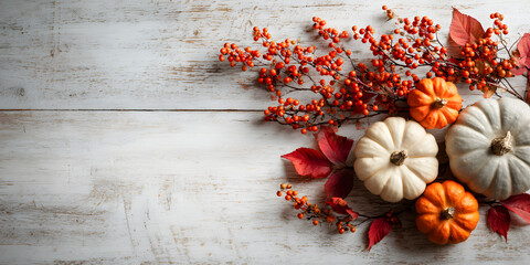 Vibrant autumn pumpkins and fall leaves arrangement on rustic wooden surface