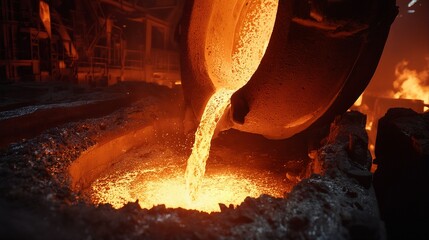 molten metal is poured from a crucible into a mold in a fiery industrial setting.