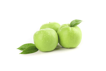 Fresh Green Apples with Leaves and Water Drops Isolated on White Background