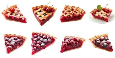 Delicious slices of cherry pie showcasing the vibrant red filling and golden crust, perfect for dessert.