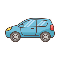 Fototapeta premium Cartoon style light blue compact car facing left on a white background
