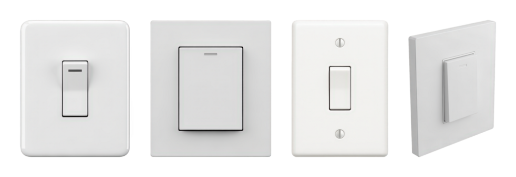 White wall switch set including modern and traditional rocker switches, with and without screws isolated. Home electrical fittings and renovation components.