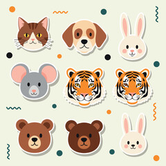 Cute cartoon animal faces collection featuring tigers bears rabbits dogs and cats adorable pet and wildlife illustrations for kids and designs