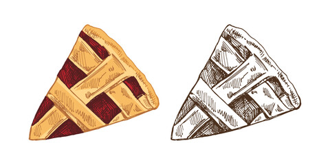 Hand drawn vintage sketch of cherry pie slice with lattice crust in color and monochrome bakery design