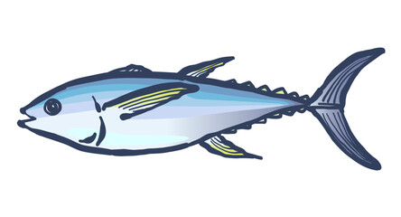筆で描いた、魚の「キハダマグロ」。Yellowfin tuna fish painted with a brush