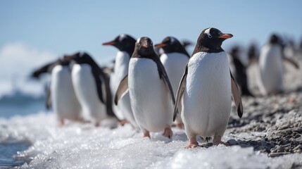 Obraz premium a line of gentoo penguins confidently stride along a snowy beach with the ocean visible in the background.