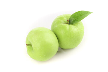 Fresh Green Apples from Shaanxi China - Sweet Crisp Fruit with Leaf on White Background