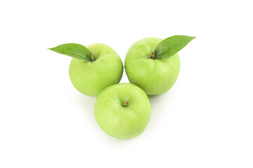 Fresh Green Apples with Leaves on White Background - Healthy Fruit