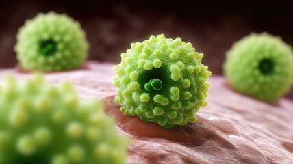 Green bacteria cell microscopic view detailed surface texture spherical shape infectious microorganism science concept closeup biology health medical research