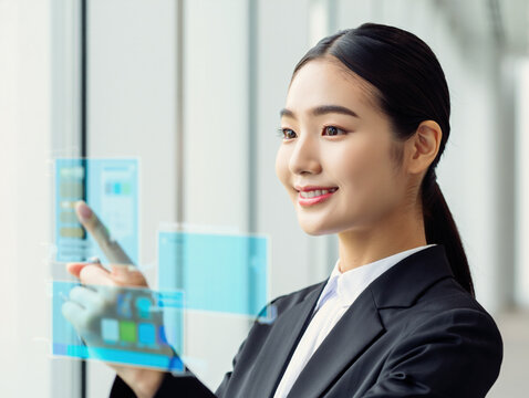 Smiling Asian businesswoman using a futuristic holographic interface, showcasing innovation, data analysis, and advanced technology in a modern office environment. - Powered by Adobe