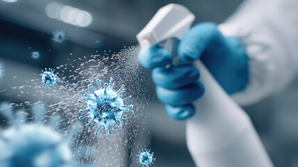 Healthcare worker hand wearing blue glove spraying disinfectant, targeting virus particles, concept of sanitation, infection control, cleanliness, safety, disease prevention