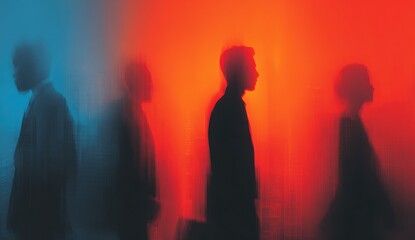 Silhouette figures stand against a vibrant backdrop of red and blue light with blurred effects