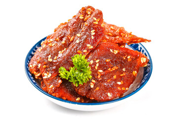 Honey Roasted Red Seafood Snacks with Sesame Seeds on Traditional Blue Plate