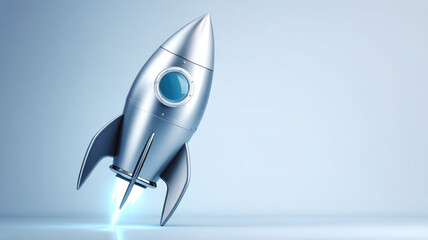 Sleek rocket ship metallic finish futuristic style blue window launching minimal background technology innovation imagination