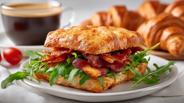 Savory brunch items including coffee and a croissant are arranged on a wooden table in this overhead view