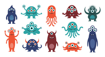 Obraz premium Collection of cute and colorful cartoon monsters with multiple eyes and tentacles