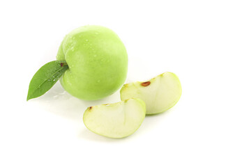 Fresh Green Apple from Shaanxi China with Leaf and Slices on White Background