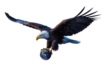Bald eagle soars with the world in its talons isolated on transparent background