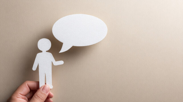 Empty paper cutout of person holding speech bubble symbolizing therapy talk - Powered by Adobe