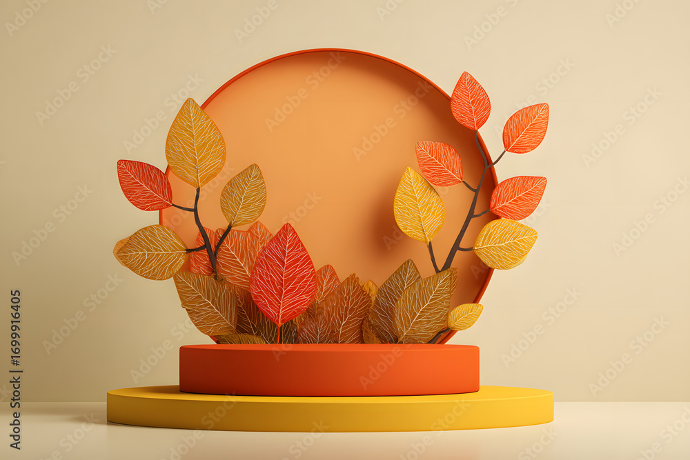 Poster cozy autumnal scene 3d rendering with circular backdrop and falling leaves display