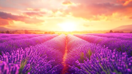 Obraz premium Serene sunset over an expansive lavender field, showcasing vibrant purple flowers and a golden sky