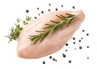 Fresh raw chicken breasts seasoned with peppercorns and rosemary sprigs ready for delicious healthy cooking