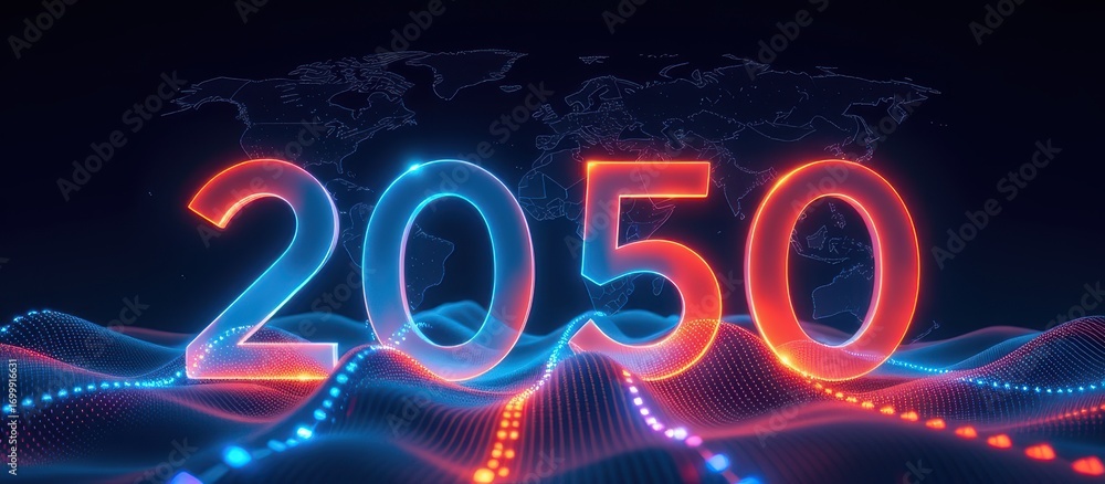 Poster net zero 2050 concept. futuristic representation of the year 2050 with a global map backdrop.