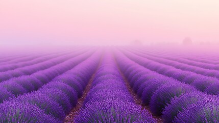 Lavender field in bloom at sunrise with soft pink fog creating a serene and picturesque landscape