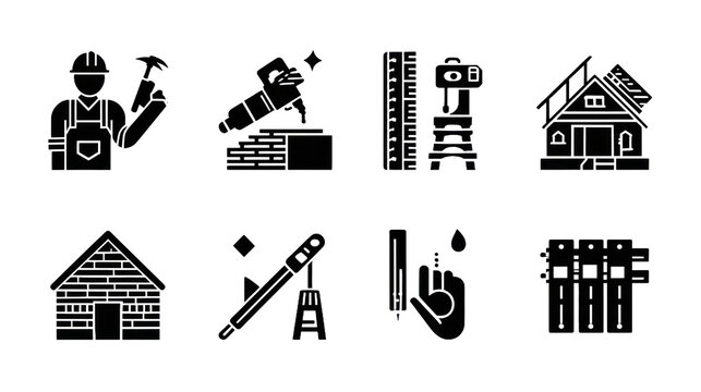 Construction icon set builder, tools, brickwork, house, blueprint in outline